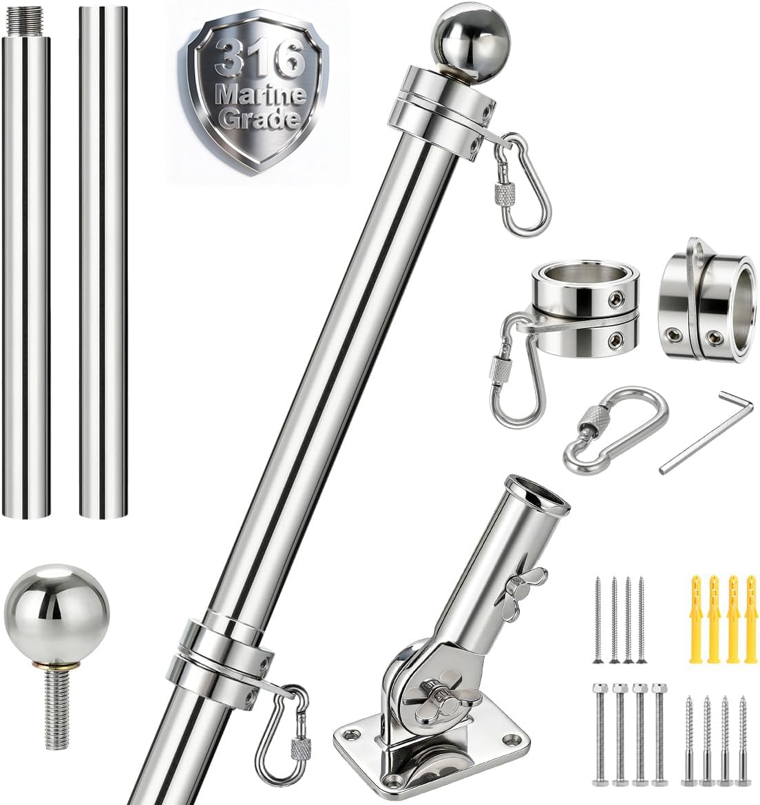 24 Inch 316 Stainless Steel Boat Flag Pole Kit with Mounting Base X15893