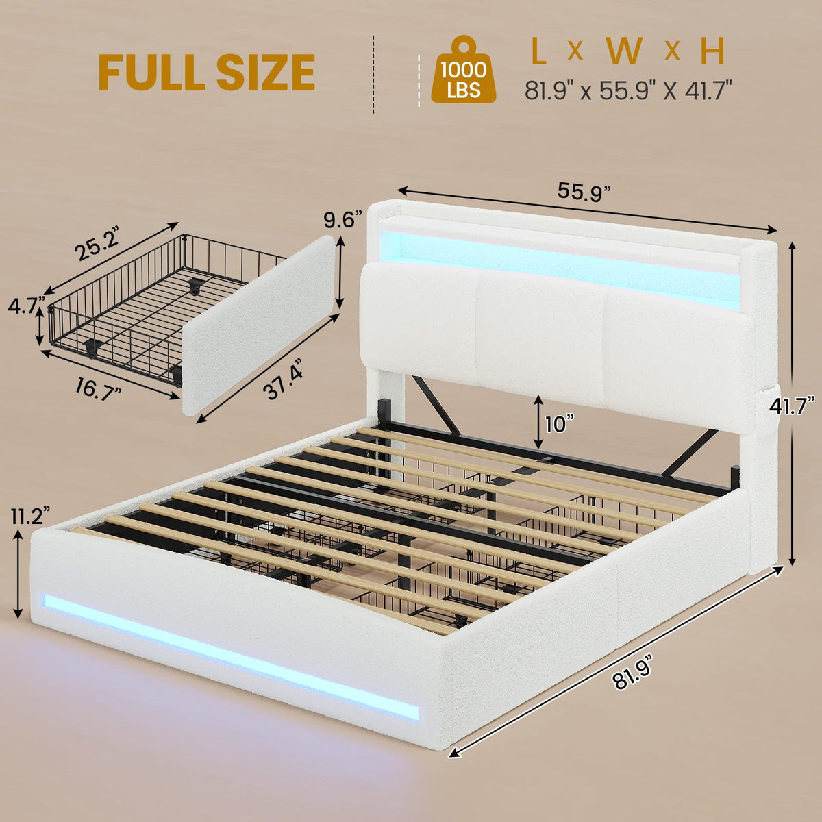 Full Bed Frame with Storage Headboard and Charging Station U45237