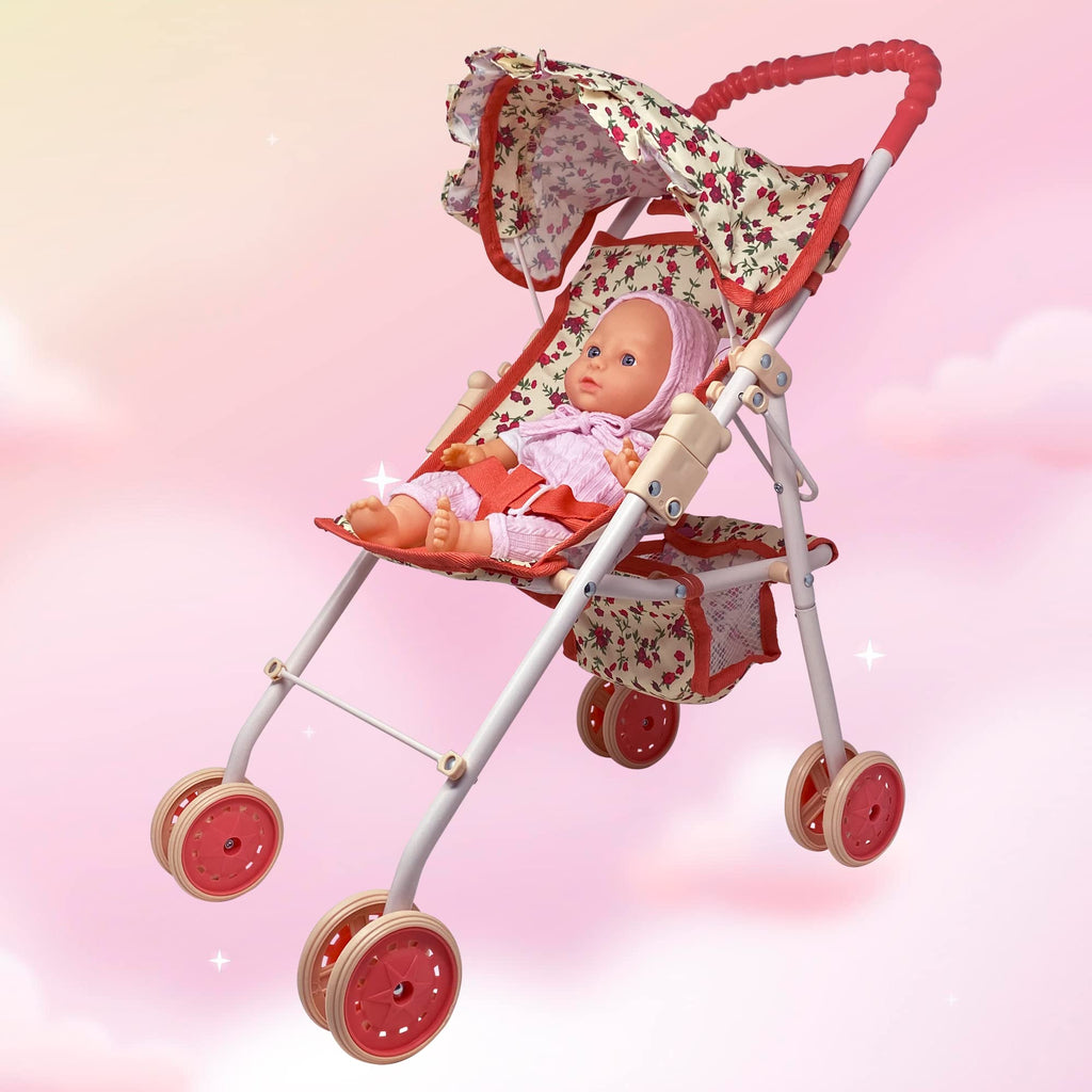 Baby Doll Stroller with Storage Basket, Foldable Frame, Canopy, Seatbelt L8943