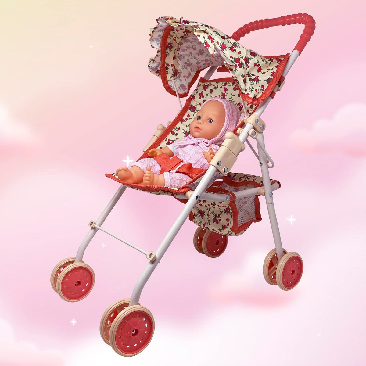 Baby Doll Stroller with Storage Basket, Foldable Frame, Canopy, Seatbelt L8943