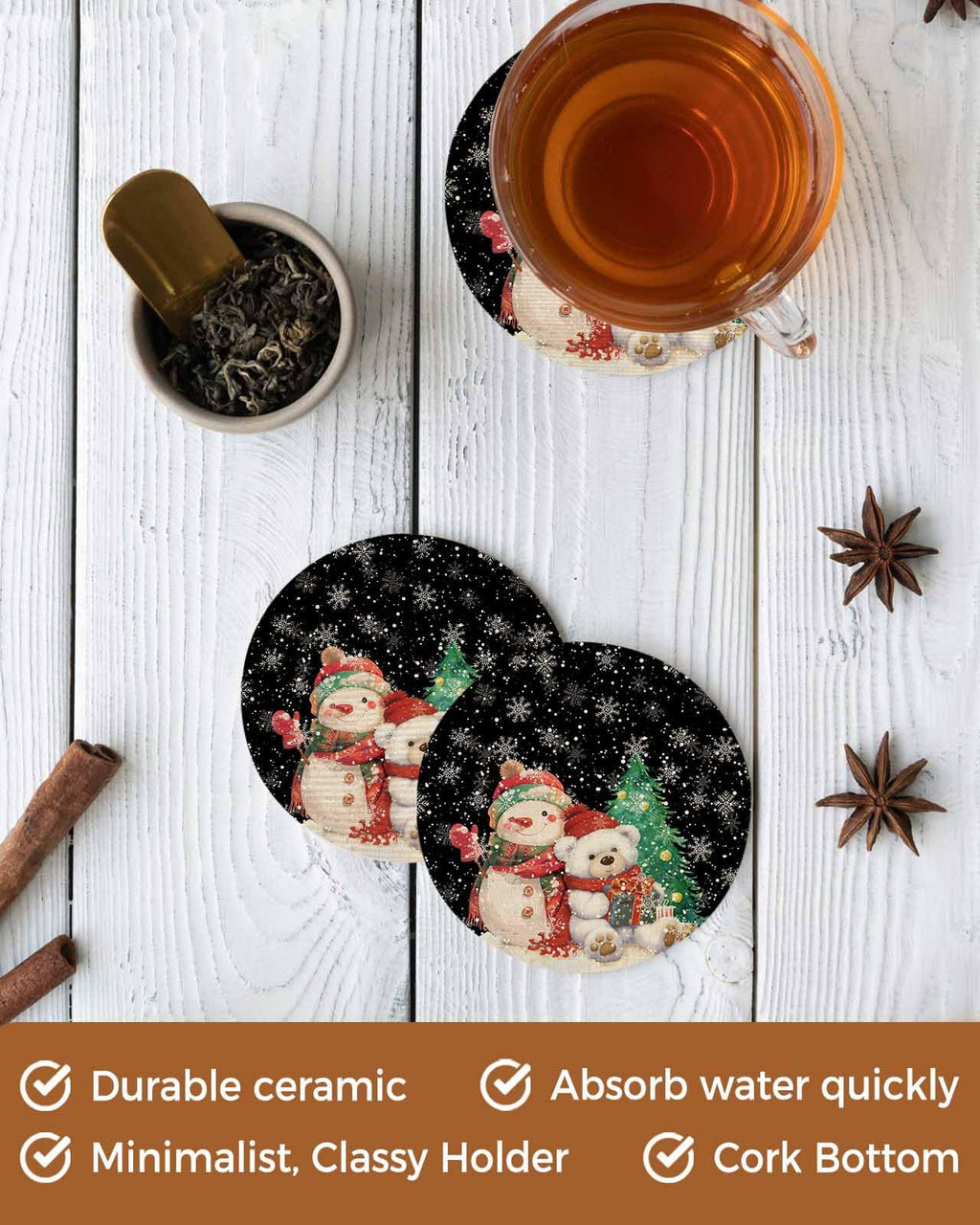 Black Retro Linen Ceramic Stone Coasters Set of 6 with Holder V20069