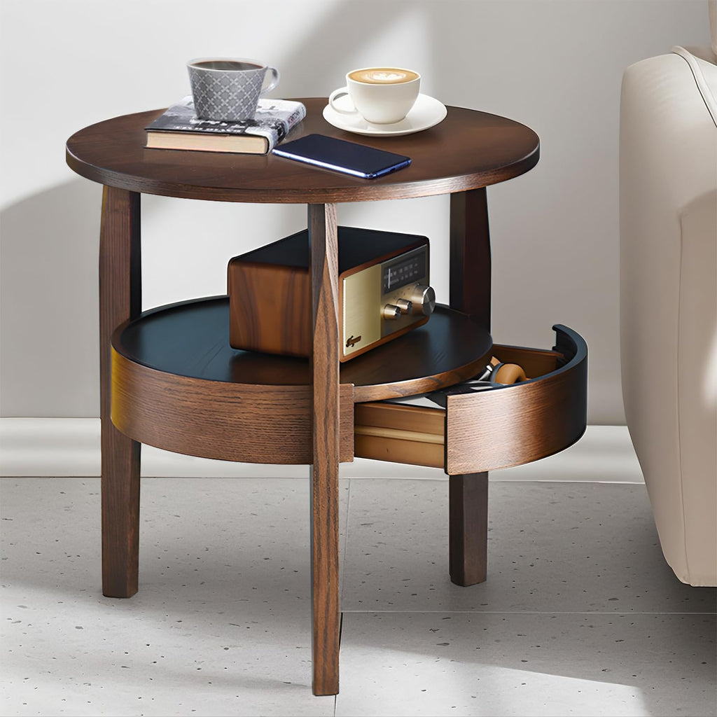 Dark Brown 2-Tier Round Coffee Table with Drawer O625