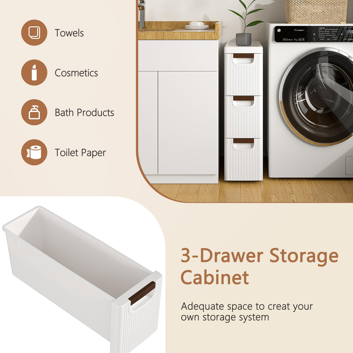 3 Drawer White Rolling Storage Cabinet T784