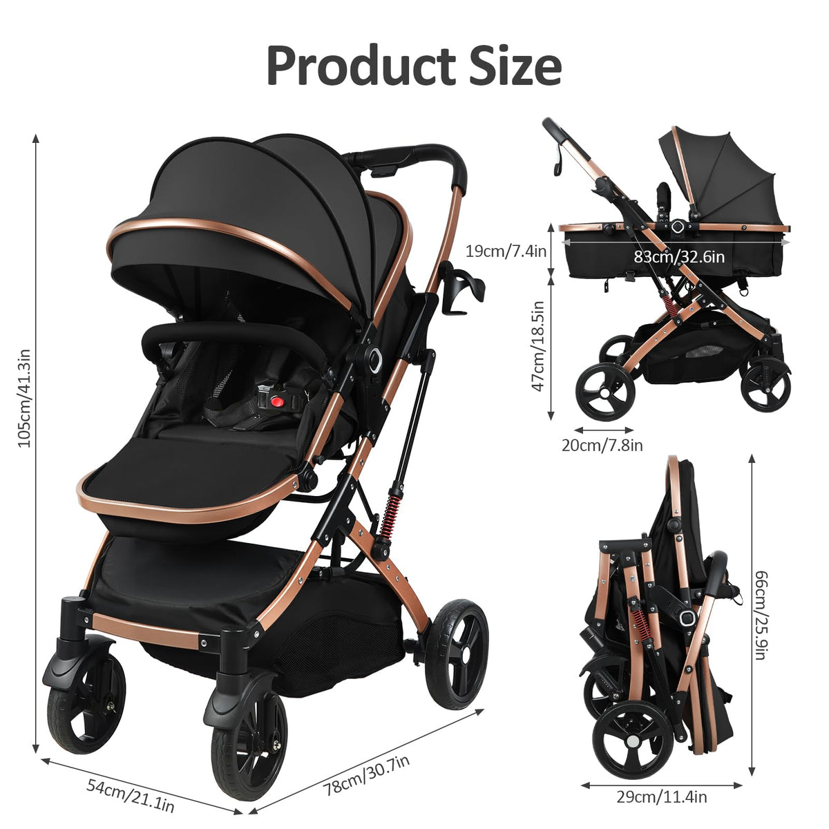 2 in 1 Convertible Bassinet Stroller with Reversible Seat UPF Canopy Black U592311