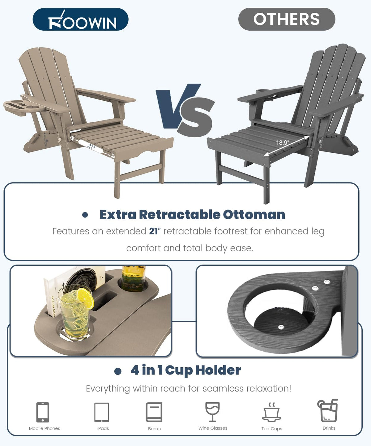 Folding Adjustable Adirondack Chair with Ottoman Set of 2 Y5518