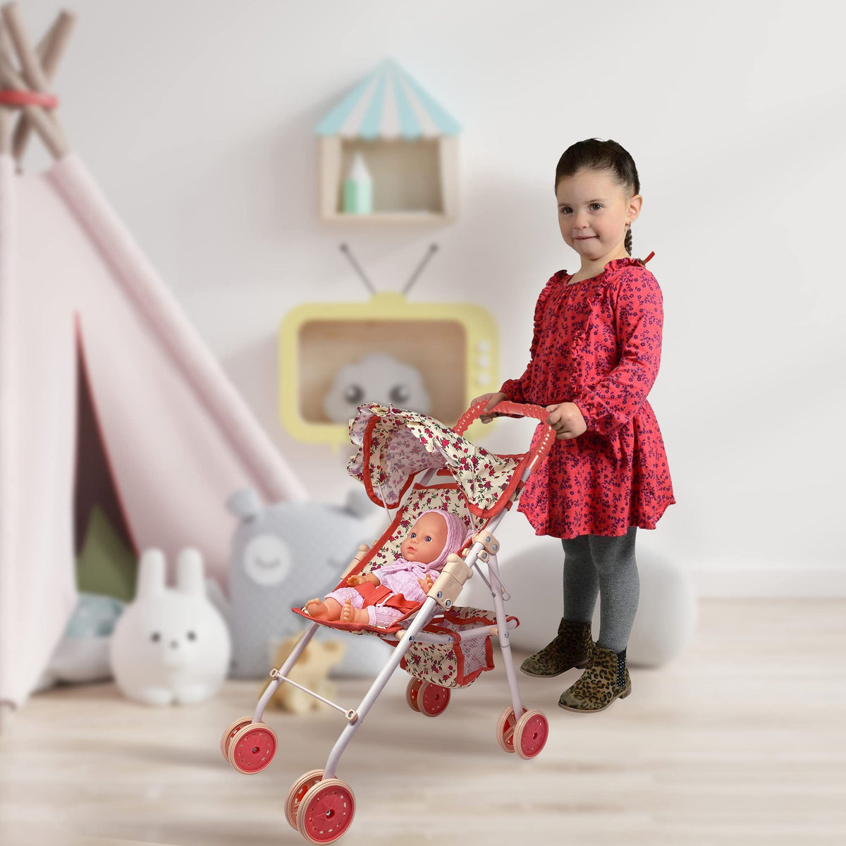 Baby Doll Stroller with Storage Basket, Foldable Frame, Canopy, Seatbelt L8943