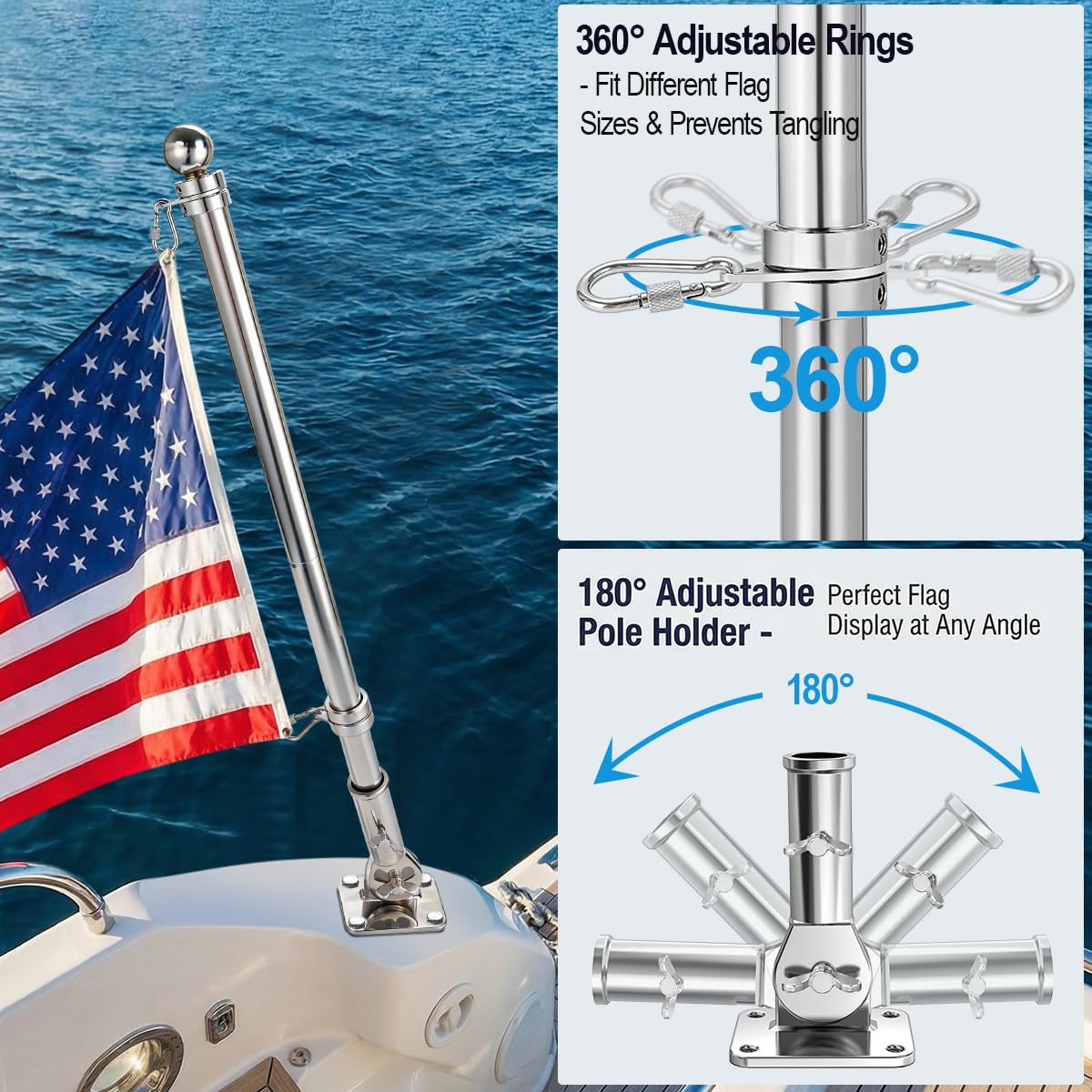 24 Inch 316 Stainless Steel Boat Flag Pole Kit with Mounting Base X15893