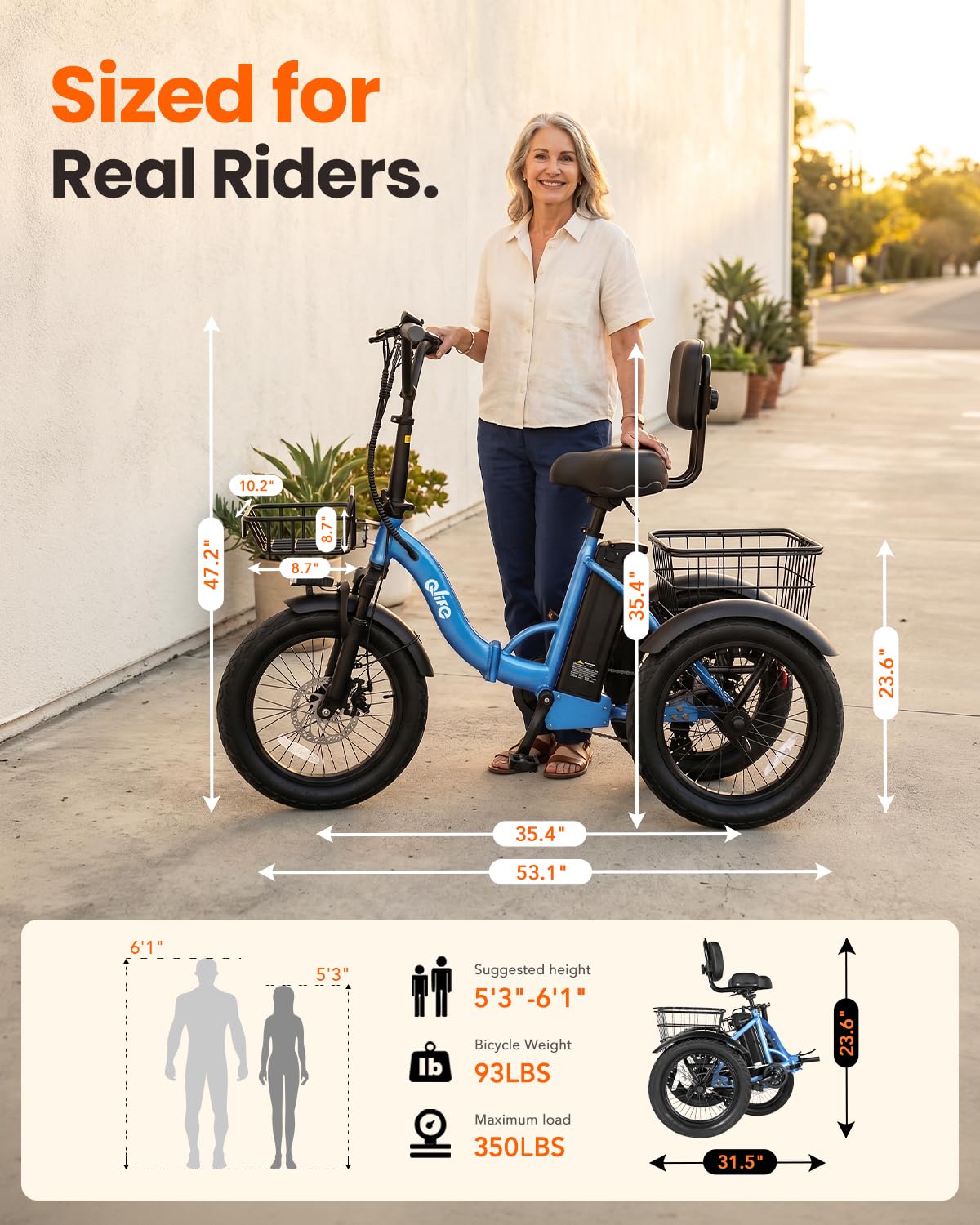 1200W Folding Electric Trike with Cargo Rack O362625