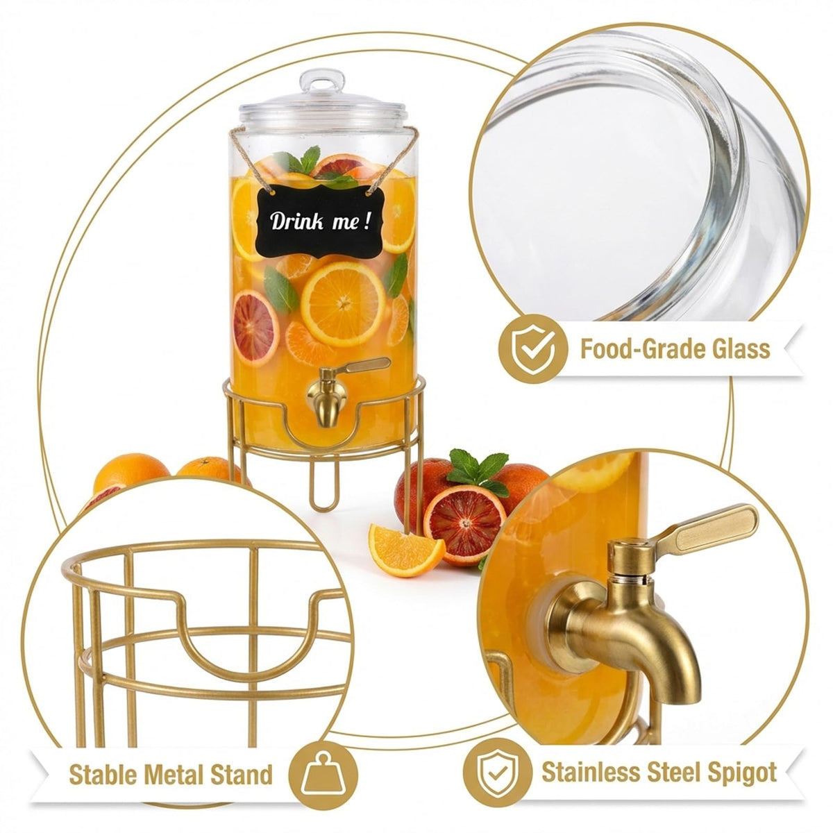 1 Gallon Glass Drink Dispenser with Stainless Steel Spigot C6738