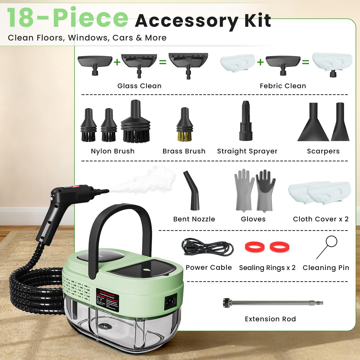 2500W Handheld Steam Cleaner, 3 Steam Levels, 1600Ml Tank V91628
