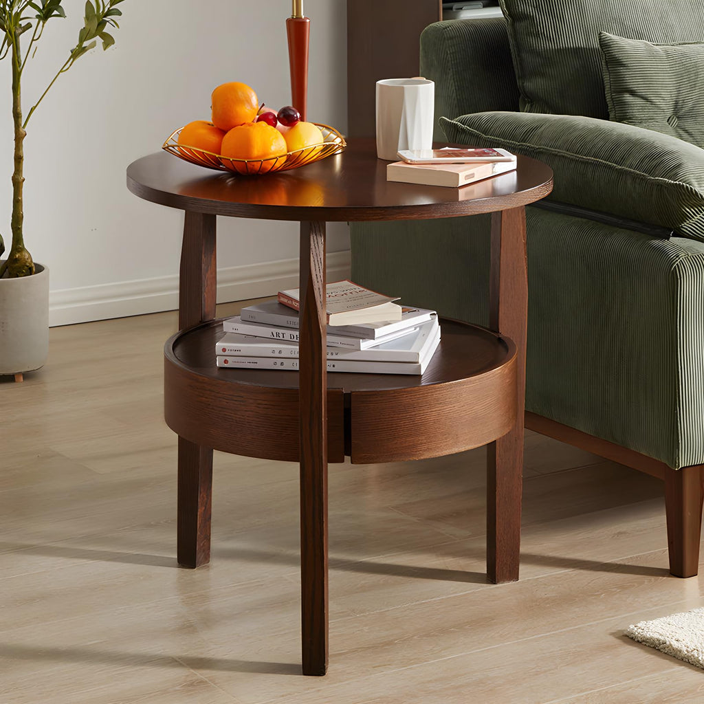 Dark Brown 2-Tier Round Coffee Table with Drawer O625