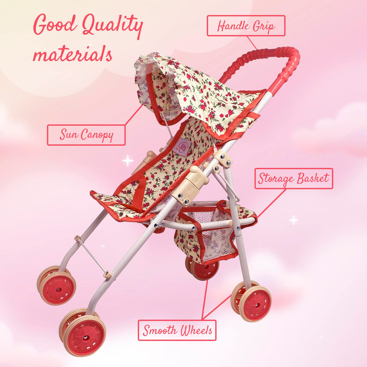 Baby Doll Stroller with Storage Basket, Foldable Frame, Canopy, Seatbelt L8943
