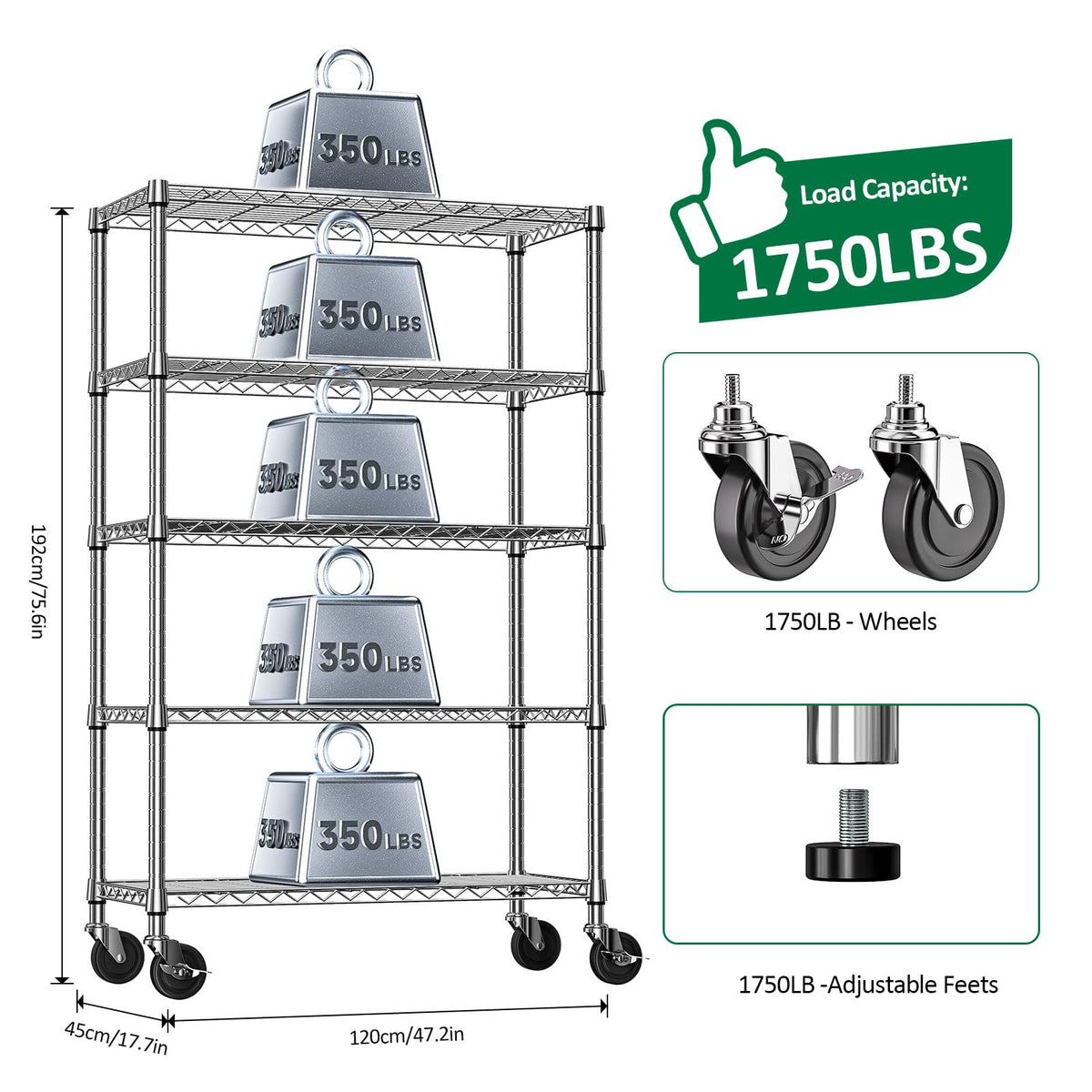 5-Tier Adjustable Steel Wire Shelving Unit with Wheels V308
