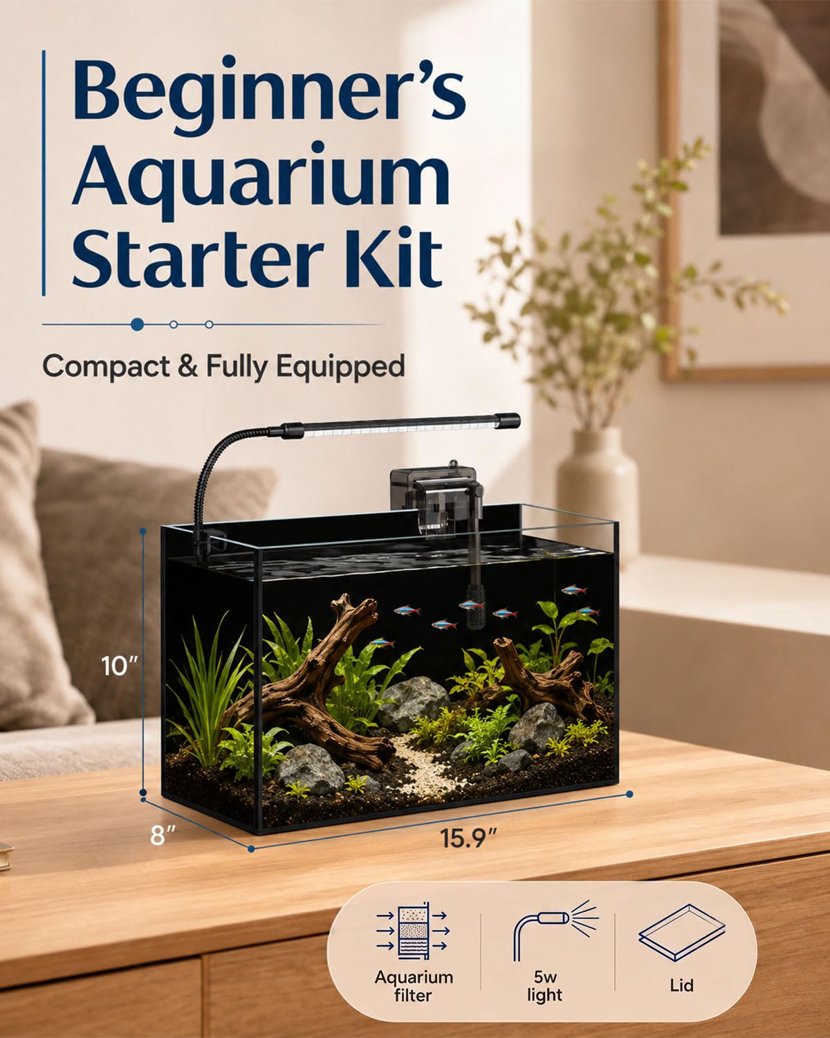 5 Gallon Rimless Glass Aquarium Starter Kit N526