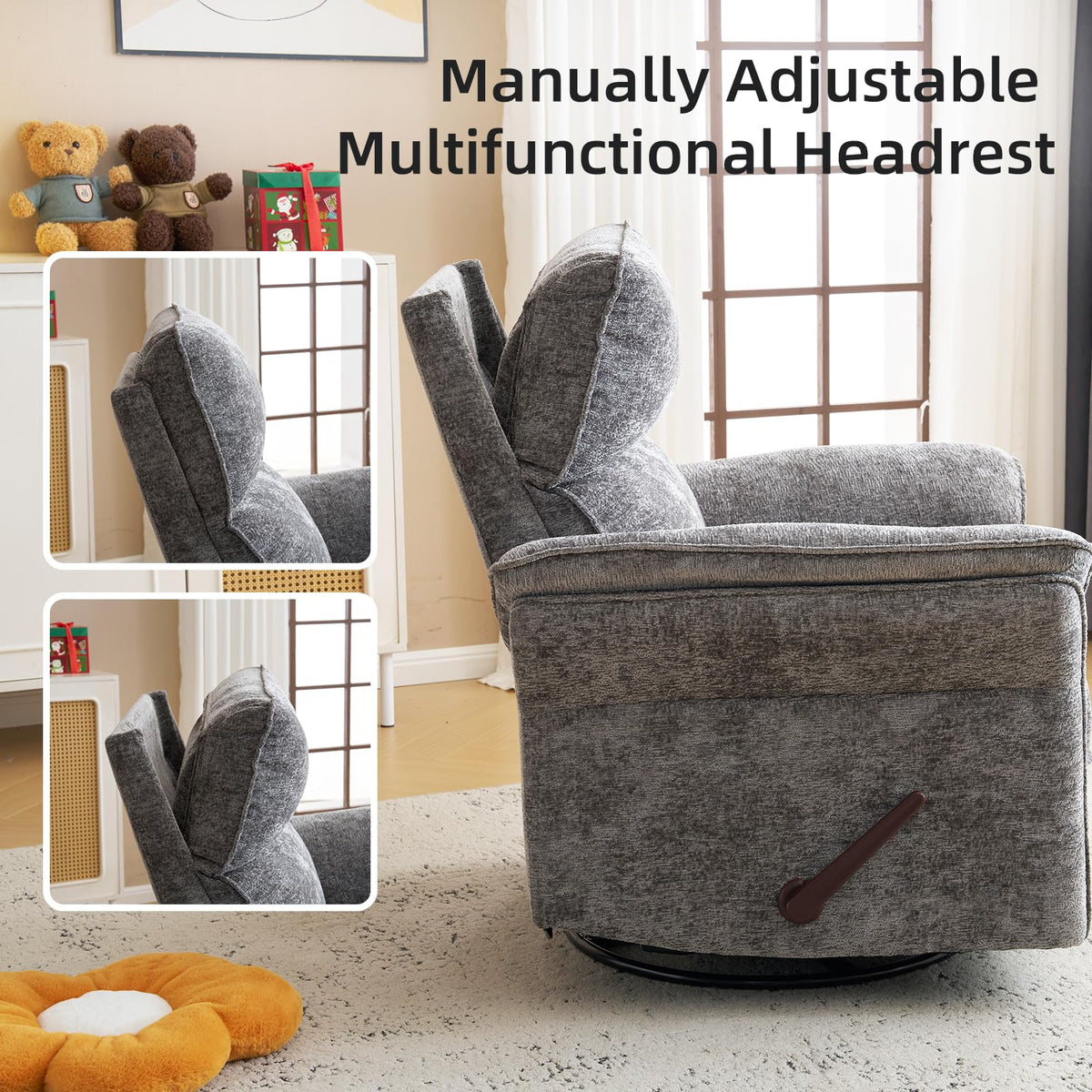 Oversized Chenille Swivel Rocker Recliner with Adjustable Headrest G126575