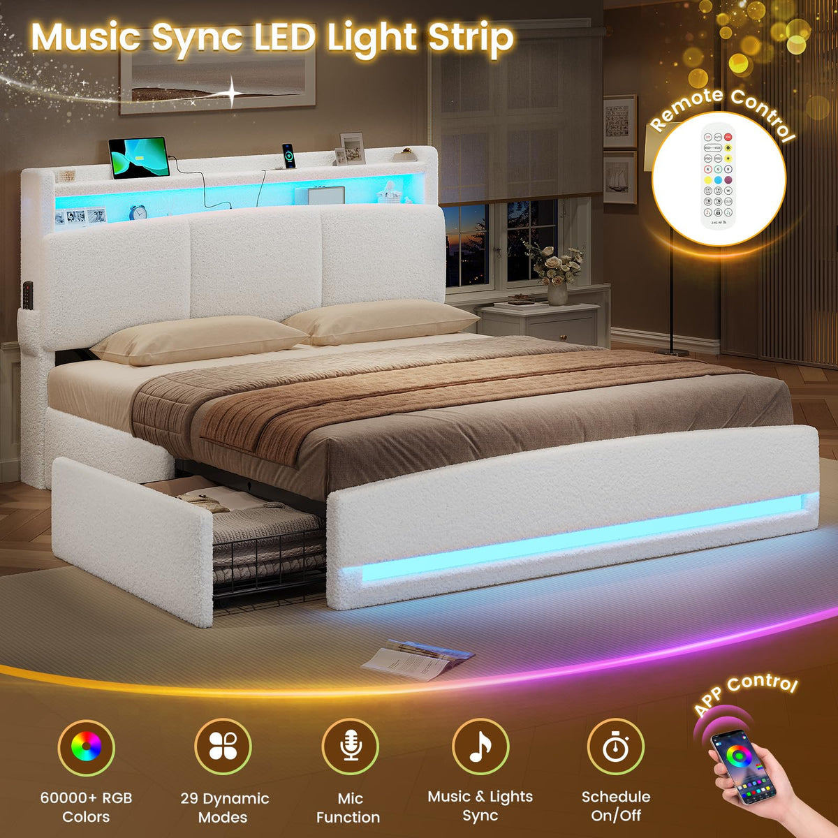 Full Bed Frame with Storage Headboard and Charging Station U45237