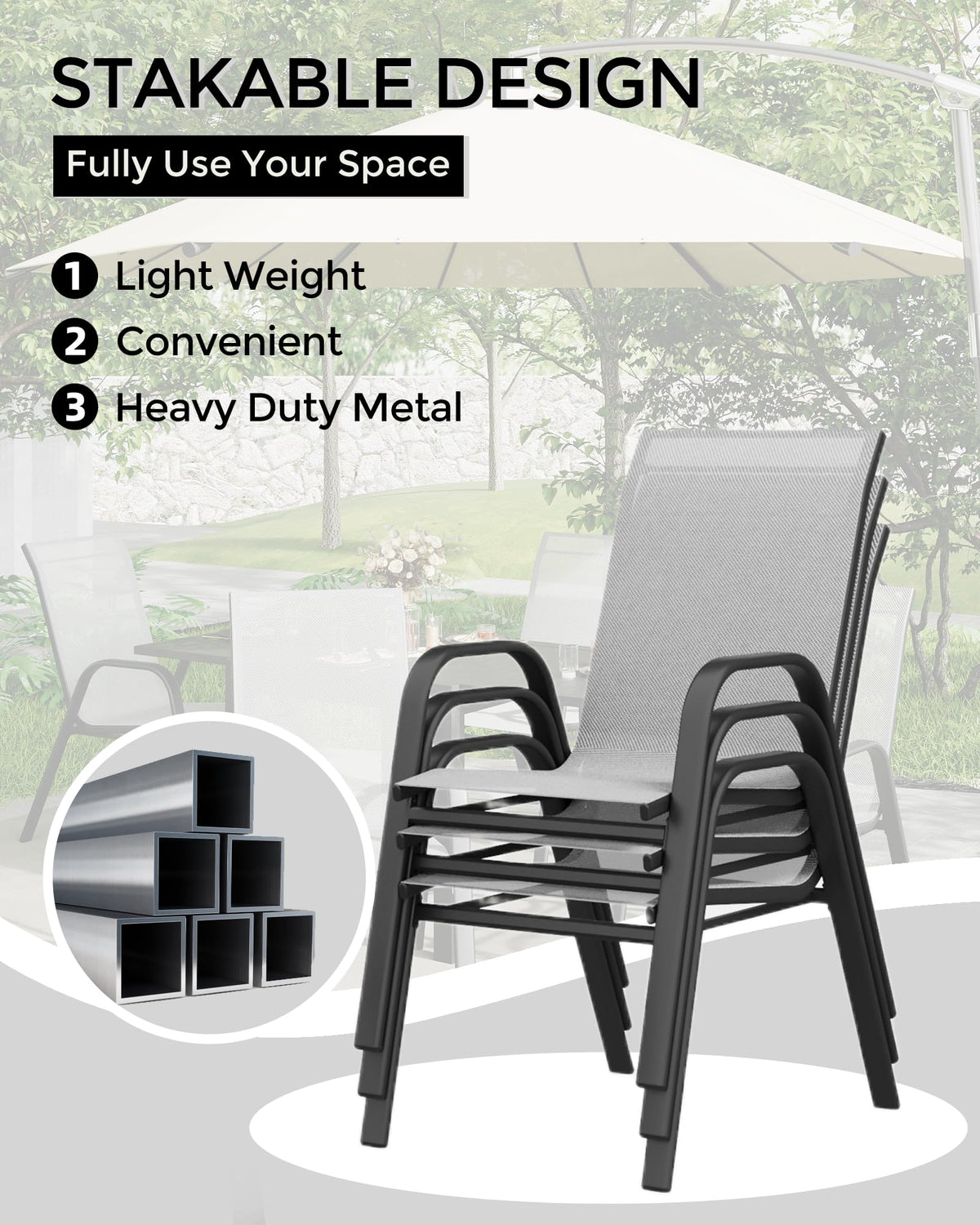 4 Pcs Stackable Grey Metal Textilene Patio Chairs N758378