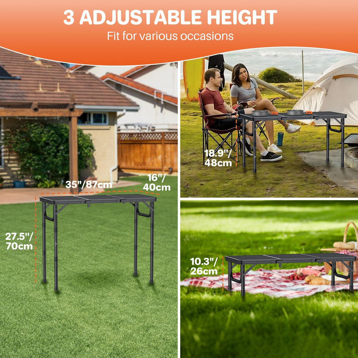 Folding Grill Table 3ft 3 Adjustable Heights Black C85820