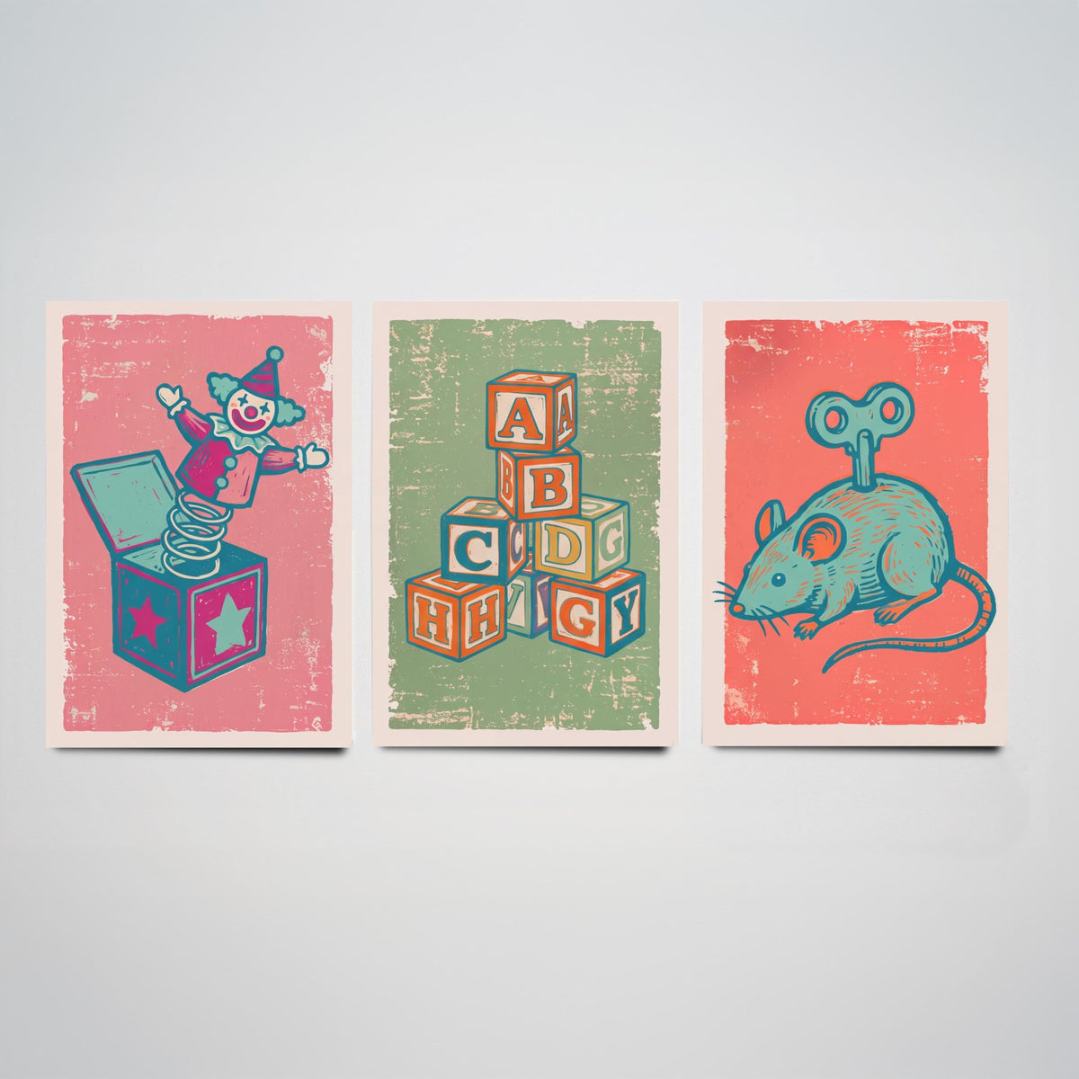 Art Prints Set of 3 Retro Linocut Style C389591