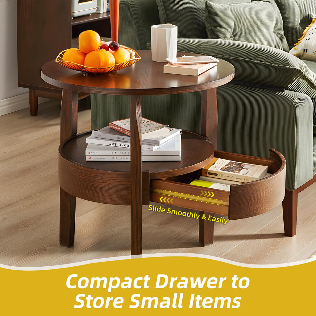 Dark Brown 2-Tier Round Coffee Table with Drawer O625