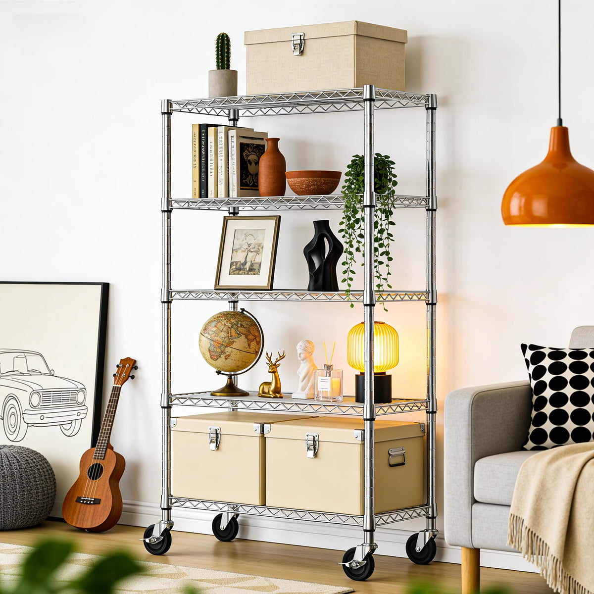 5-Tier Adjustable Steel Wire Shelving Unit with Wheels V308