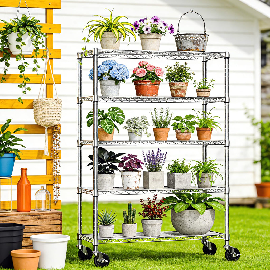 5-Tier Adjustable Steel Wire Shelving Unit with Wheels V308
