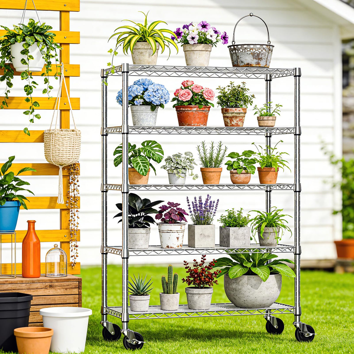 5-Tier Adjustable Steel Wire Shelving Unit with Wheels V308