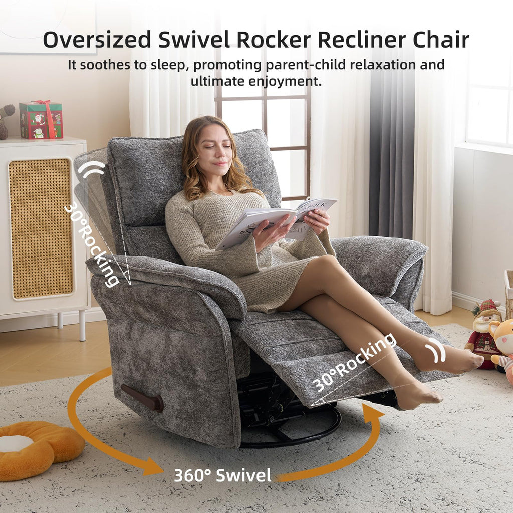 Oversized Chenille Swivel Rocker Recliner with Adjustable Headrest G126575
