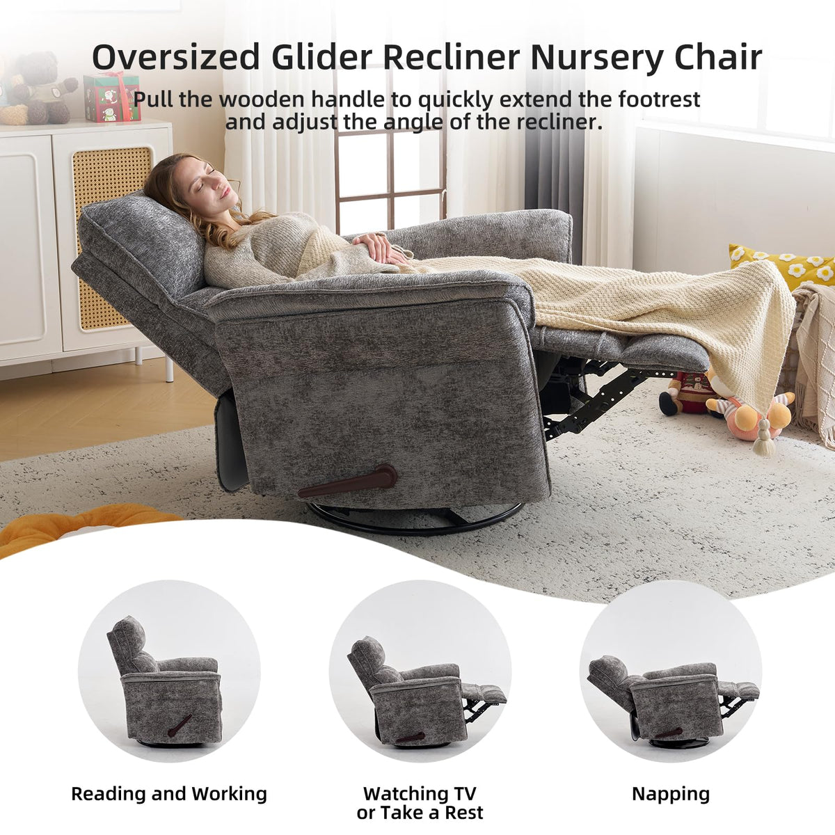 Oversized Chenille Swivel Rocker Recliner with Adjustable Headrest G126575