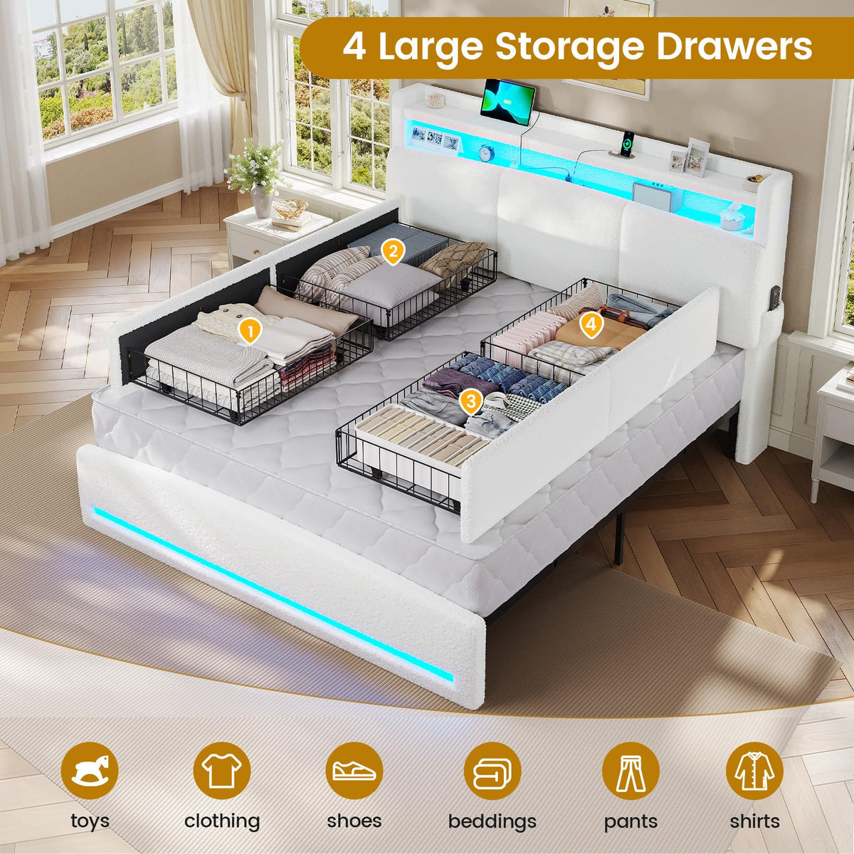Full Bed Frame with Storage Headboard and Charging Station U45237