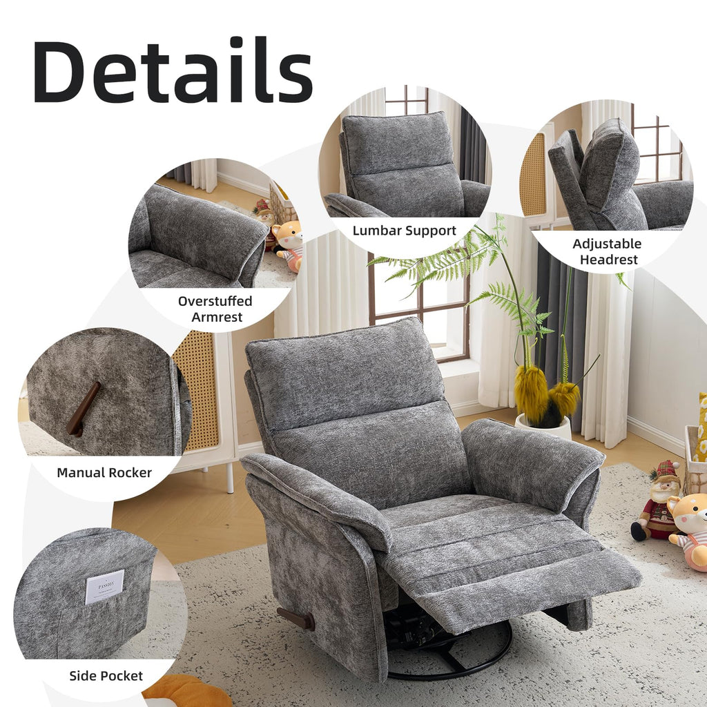 Oversized Chenille Swivel Rocker Recliner with Adjustable Headrest G126575
