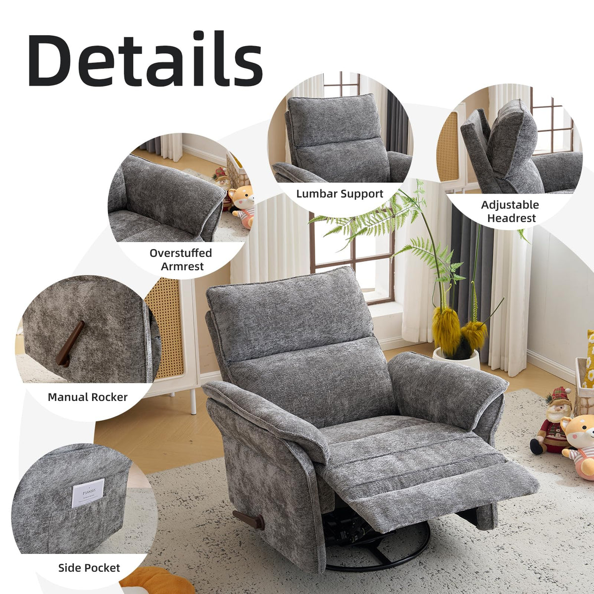 Oversized Chenille Swivel Rocker Recliner with Adjustable Headrest G126575