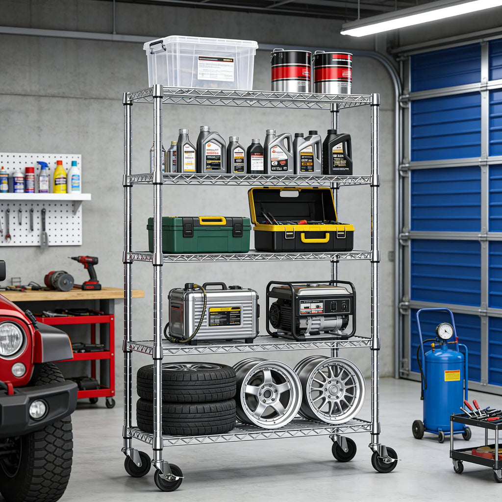 5-Tier Adjustable Steel Wire Shelving Unit with Wheels V308