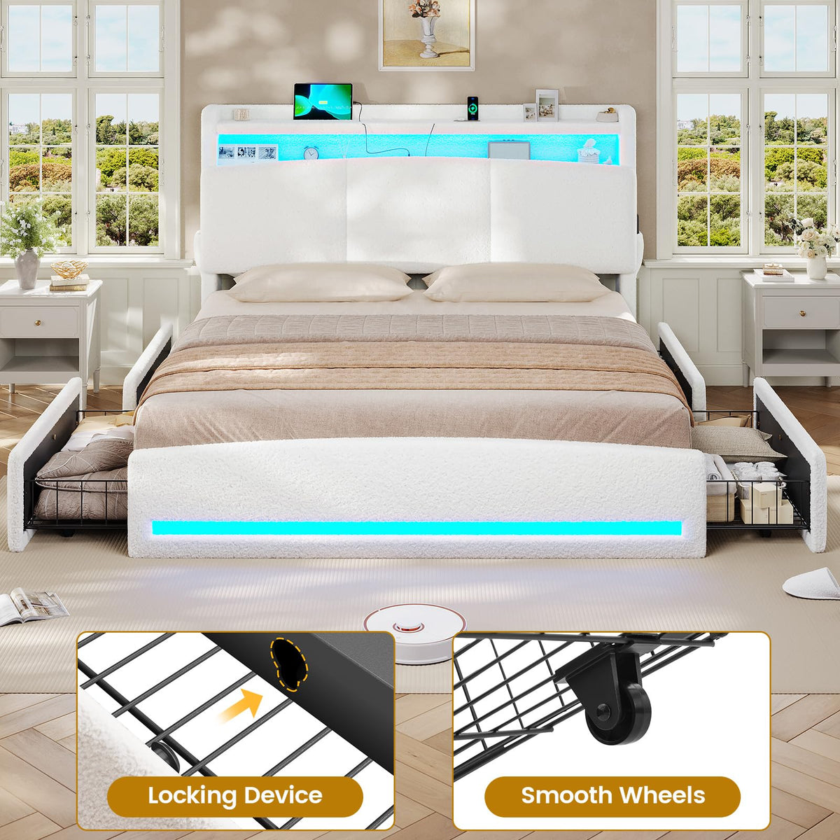 Full Bed Frame with Storage Headboard and Charging Station U45237
