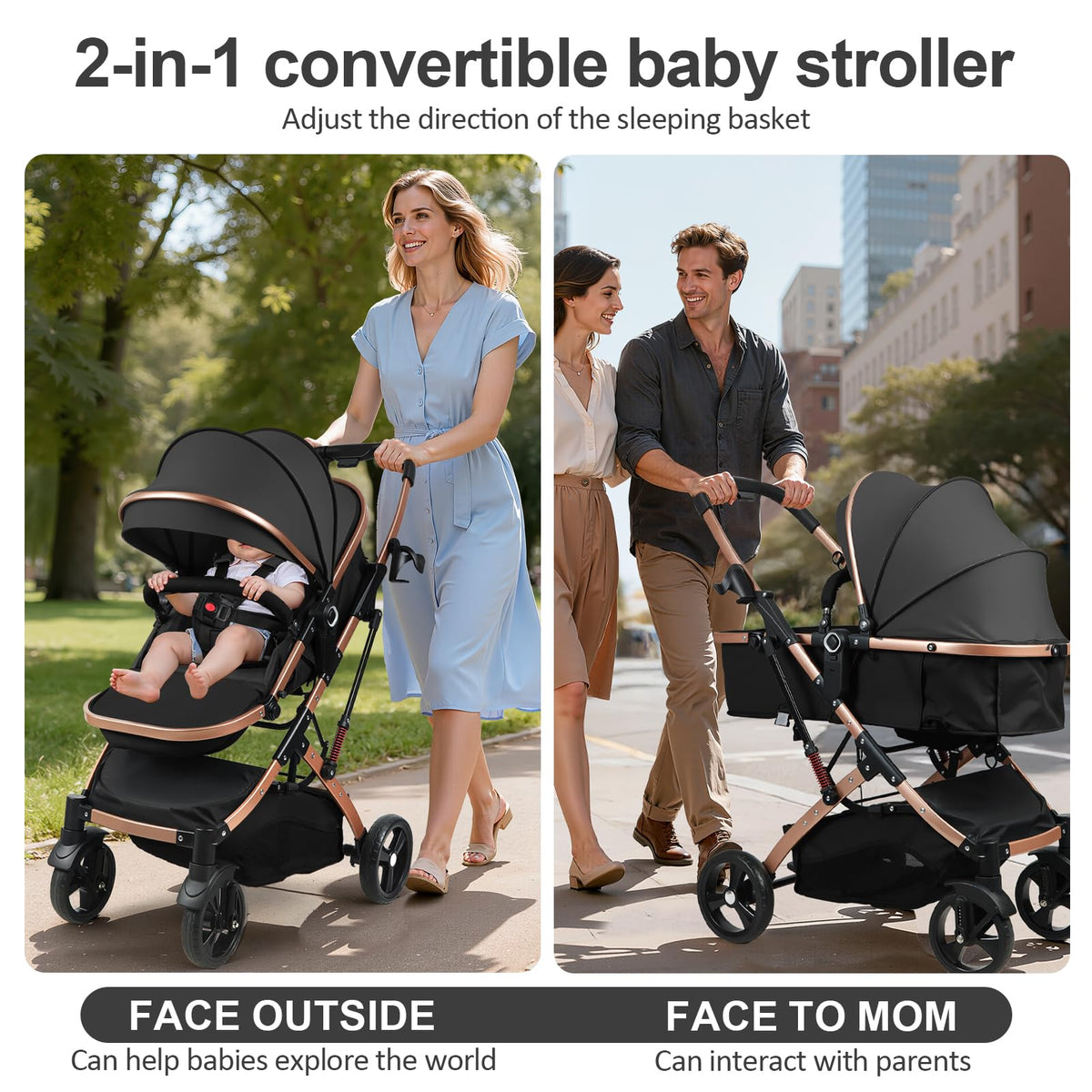 2 in 1 Convertible Bassinet Stroller with Reversible Seat UPF Canopy Black U592311