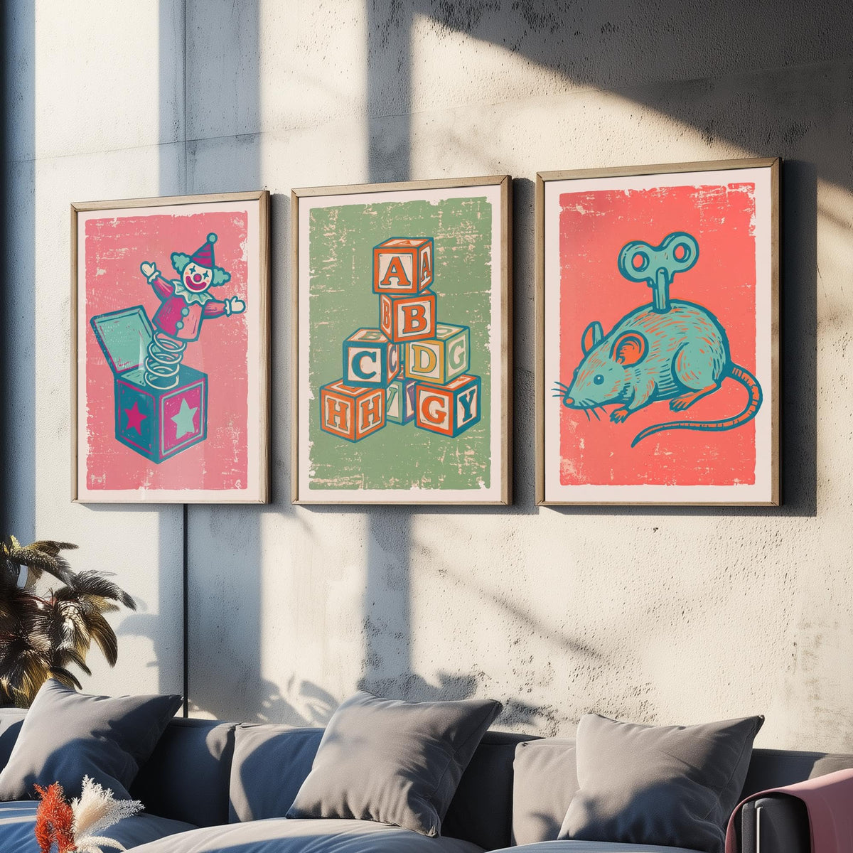 Art Prints Set of 3 Retro Linocut Style C389591