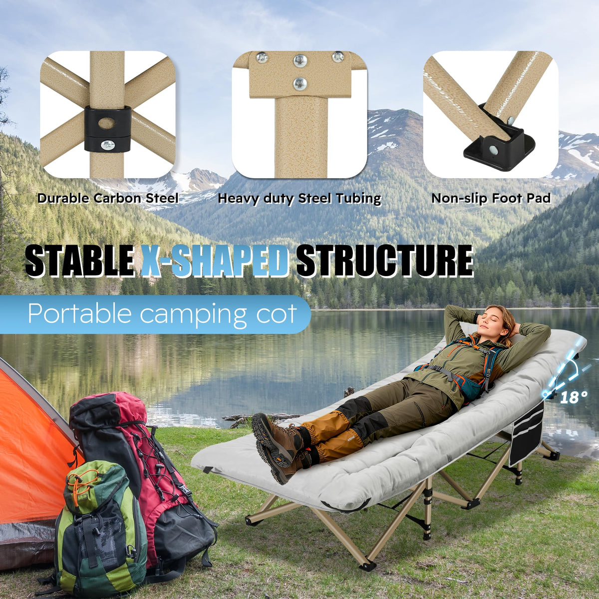 Folding Camping Cot with Mattress and Carry Bag G488782