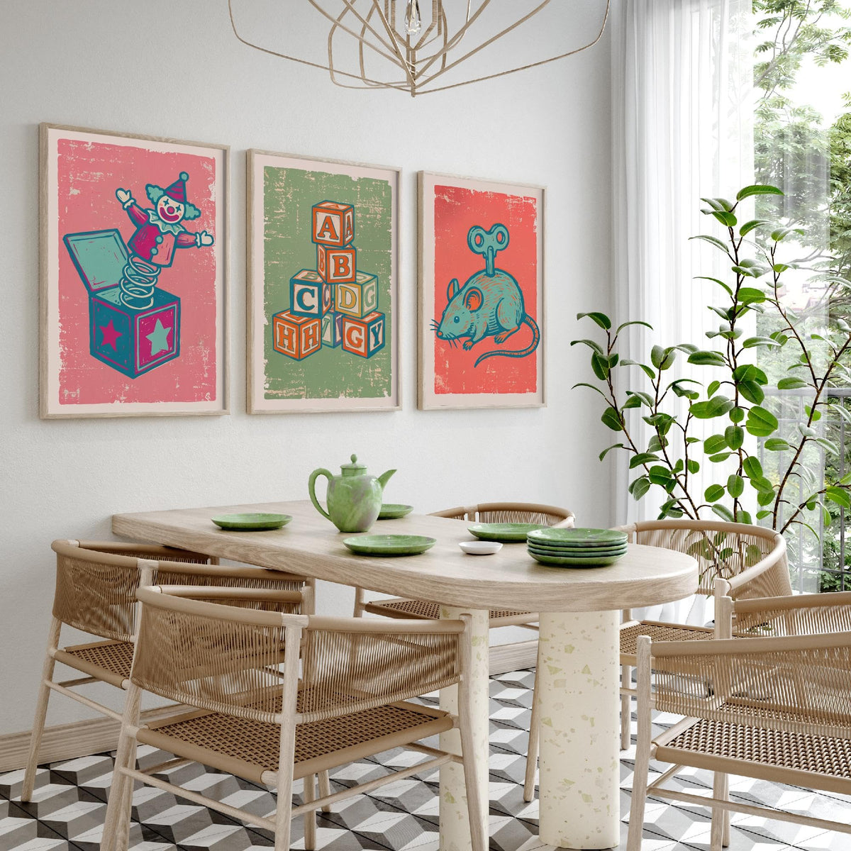 Art Prints Set of 3 Retro Linocut Style C389591